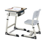 Primary and middle school students lifting desks and chair