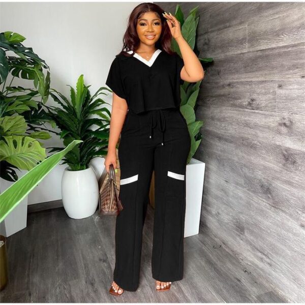 2 Piece Women's Casual Top And Down Short Sleeve Dress Set - Black/ White