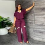 2 Piece Women's Casual Top And Down Short Sleeve Dress Set - Purple/ White