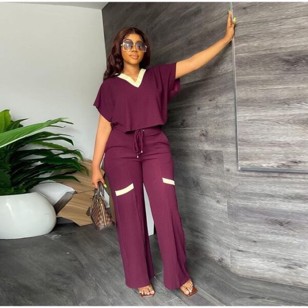 2 Piece Women's Casual Top And Down Short Sleeve Dress Set - Purple/ White