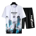 2Pcs/Set O-Neck Short Sleeve Jogger Outfit Pockets Ice Silk Men Mountain Scene Print T-shirt - Image 2