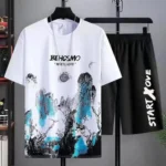2Pcs/Set O-Neck Short Sleeve Jogger Outfit Pockets Ice Silk Men Mountain Scene Print T-shirt