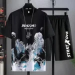 2Pcs/Set O-Neck Short Sleeve Jogger Outfit Pockets Ice Silk Men Mountain Scene Print T-shirt - Image 3