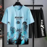 2Pcs/Set O-Neck Short Sleeve Jogger Outfit Pockets Ice Silk Men Mountain Scene Print T-shirt - Image 4