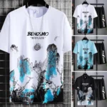 2Pcs/Set O-Neck Short Sleeve Jogger Outfit Pockets Ice Silk Men Mountain Scene Print T-shirt - Image 5