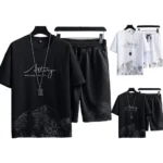 2Pcs/Set men Outfit O-Neck Short Sleeve Elastic Waistband T-shirt - Image 4