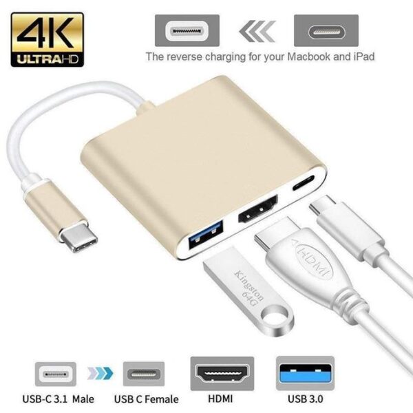 3 In 1 Type C USB 3.1 To USB-C 4K HDMI USB 3.0 Adapter Hub - Gold
