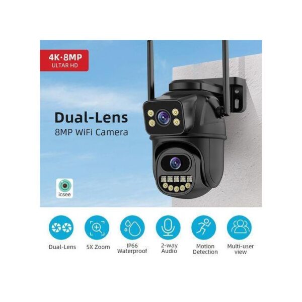 4K 8MP HD Wifi Surveillance Camera, Dual Lens Outdoor Security Camera - Black