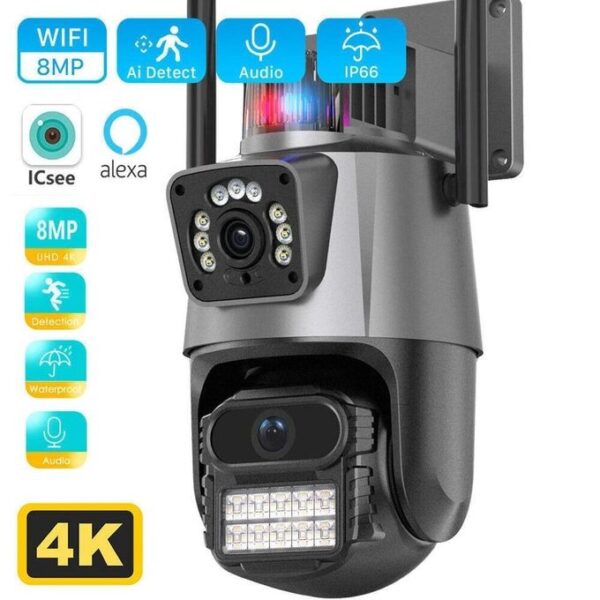 4K Wifi Dual Lens Wireless Surveillance Camera with 360 Degree B-lind Spot, Free Dual View, Outdoor Night Vision CCTV - Black