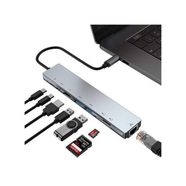 8 In 1 87W Type-C To PD+USB3.0x2+SD+TF+HDMI+RJ45+Type-c Docking Station HUB