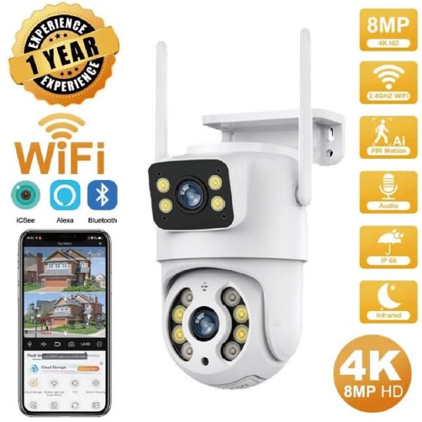 8MP Outdoor External Full HD IP Camera 2 Lenses 2 Screens Wifi Camera 4K Dual Screen Auto Tracking PTZ Surveillance Camera