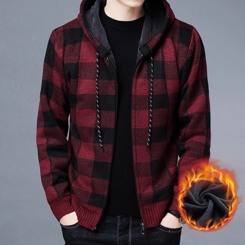 Fashion-Mens-Autumn-Winter-Plus-Flannel-Knitted-Sweater-Y2K-Style-Zip-Up-Cardigan-Sweater-Jackets-Hooded.webp Fashion Mens Autumn Winter Plus Flannel Knitted Sweater Y2K Style Zip Up - Image 1