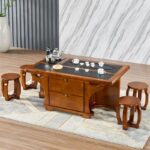 Flamed stone solid wood coffee table chair home living room - Image 6