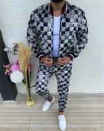 Slim fashion men's suit patterned street wear casual men's zipper jacket top and trousers - Image 2