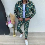 Slim fashion men's suit patterned street wear casual men's zipper jacket top and trousers