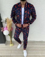 Slim fashion men's suit patterned street wear casual men's zipper jacket top and trousers - Image 3