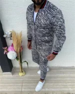 Slim fashion men's suit patterned street wear casual men's zipper jacket top and trousers - Image 5