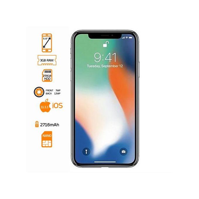 Apple iPhone X - 5.8'' - 256GB HDD - 3GB RAM - 12MP Rear/7MP Front - 2716mAh - Silver Apple iPhone X - 5.8'' - 256GB HDD - 3GB RAM - 12MP Rear/7MP Front - 2716mAh - Silver