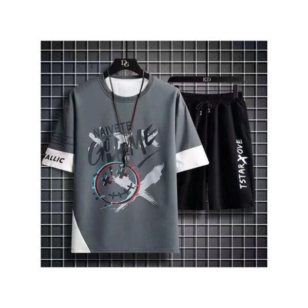 Dou-color Men's Fashion 2-in-1 Short Sleeve&Shorts Set - Grey