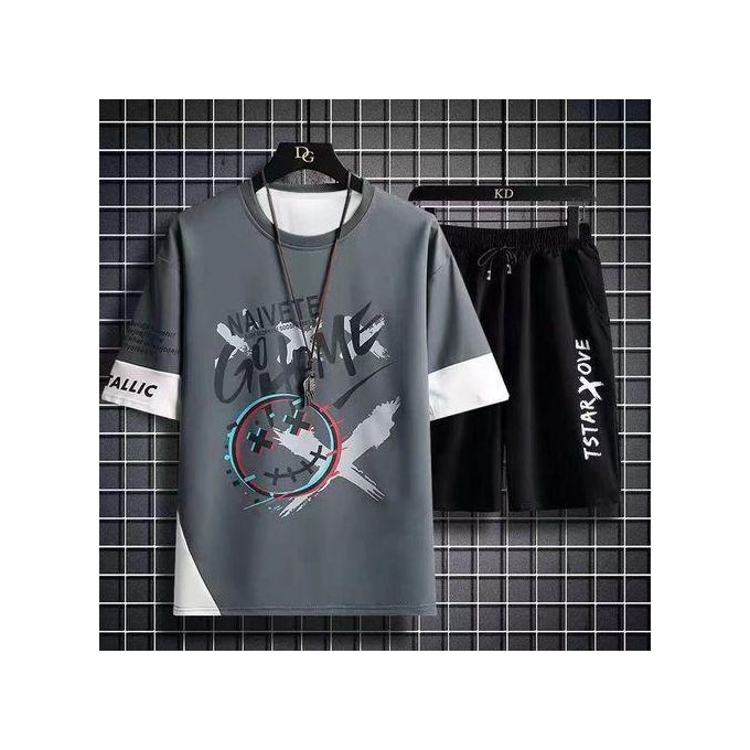 Dou-color Men's Fashion 2-in-1 Short Sleeve&Shorts Set - Grey Dou-color Men's Fashion 2-in-1 Short Sleeve&Shorts Set - Grey