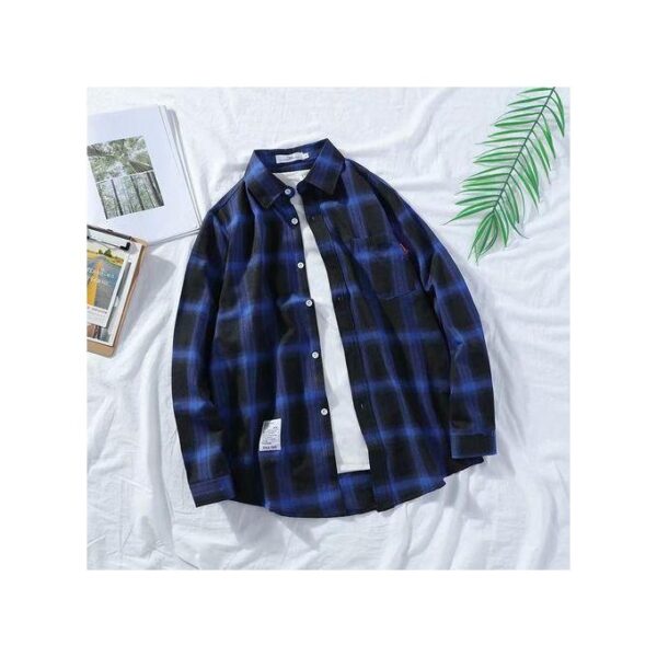 Dou-color Men's Long Sleeve Plaid Shirt- Blue