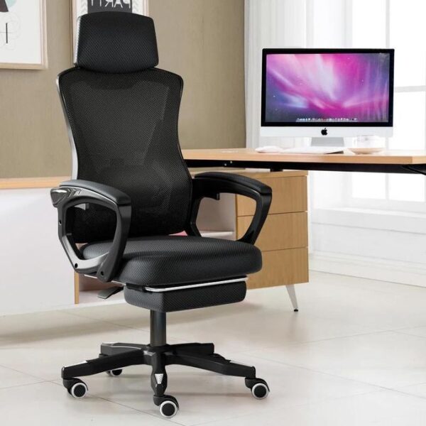 Ergonomic High-Back Office Chair with Retractable Footrest- Black