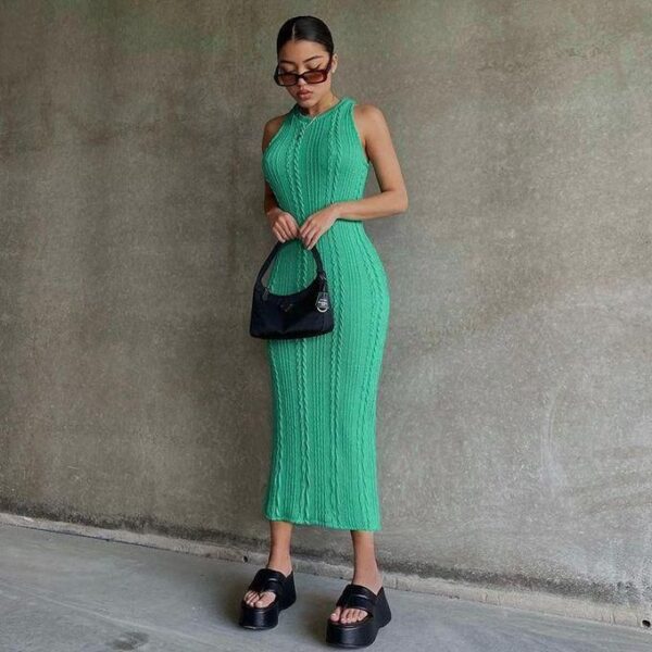 Fashionable casual knitted sleeveless round neck sexy dresses for women-Green