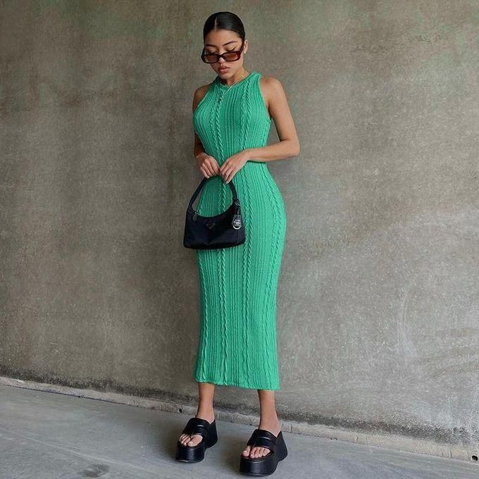 Fashionable casual knitted sleeveless round neck sexy dresses for women-Green Fashionable casual knitted sleeveless round neck sexy dresses for women-Green