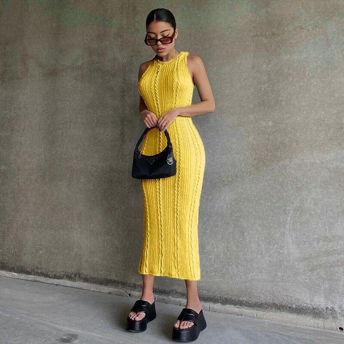 Fashionable casual knitted sleeveless round neck sexy dresses for women-Yellow Fashionable casual knitted sleeveless round neck sexy dresses for women-Yellow