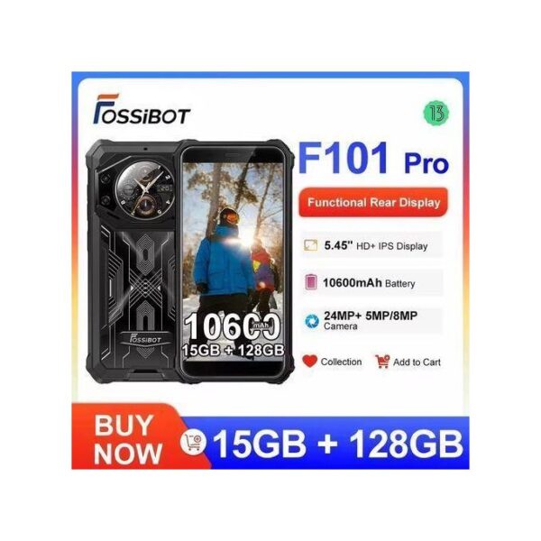 FOSSiBOT F101Pro Rugged Smartphone 128GB Android Waterproof 10600mAh NFC Mobile Phone Functional Rear Display 24MP+5MP+0.3MP Android Phones -Black