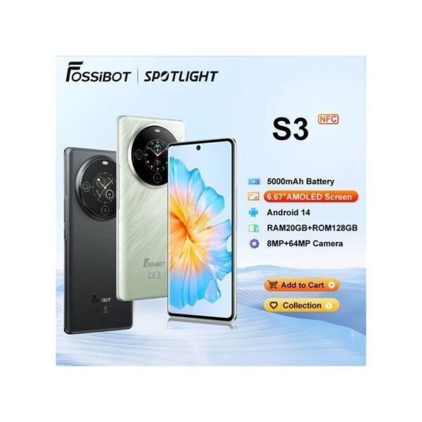 FOSSiBOT S3 PRO Smartphone 6.67" Display Android 14 8+64MP CAM NFC 6.67"Amoled Screen 5000mAh Fast Charge Cell Phone - Black