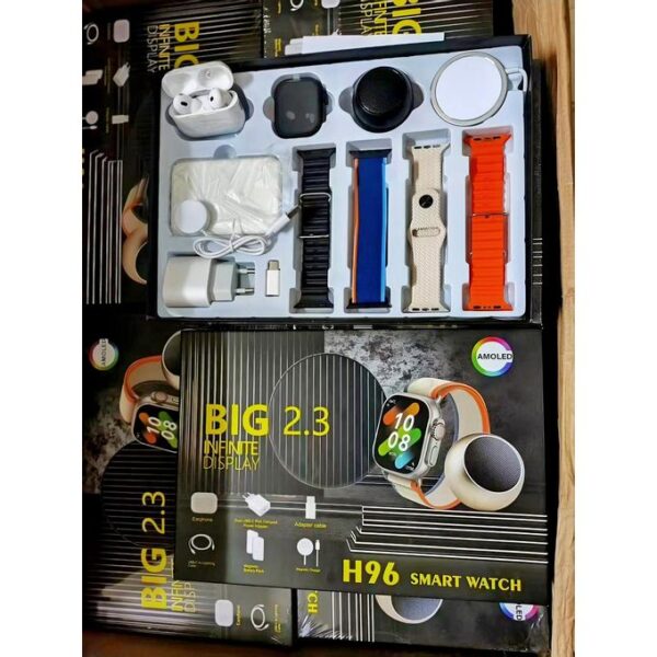 H96 Smart Watch 2.3" AMOLED Display – 9-in-1 Combo Set with Earbuds, Speaker, Magnetic Charger & Extra Straps – Fitness & Health Tracker for Men & Women