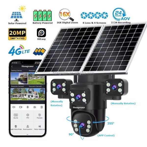 Hieasy 4 Lens Solar-Powered Outdoor Security Camera with Dual Solar Panels and LED Lights 4G version- Black
