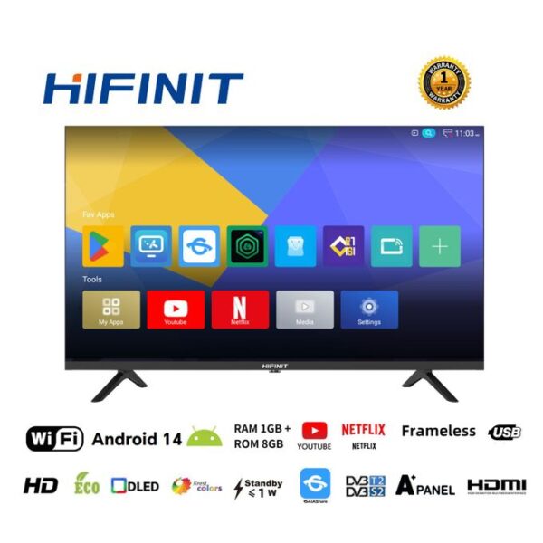 Hifinit European Brand 32E3S 32 Inch Frameless Android Smart TV HD LED TV USB - HDMI- Black