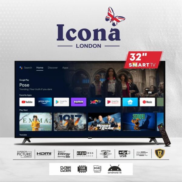 Icona London ILED-320SDTS 32” Edgeless Android Smart LED TV With A+ Panel - HDMI/USB - Black (1YR WRTY)