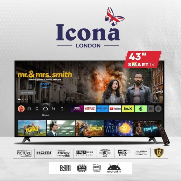 Icona London ILED-430SDTS 43" Smart Android LED TV with Android 15 OS + HDMI & USB - Energy Saving - Black (1YR WRTY)