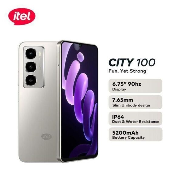 Itel City 100 - 128GB ROM + 4GB+8GB RAM - 12MP Rear/8MP Front - 5200 mAh - Pure Titanium