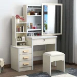 Dressing Table Set With Stool Wood Makeup Desk Vanity With Round Mirror Desk and Cushioned Stool Set - Image 3