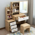 Dressing Table Set With Stool Wood Makeup Desk Vanity With Round Mirror Desk and Cushioned Stool Set - Image 4