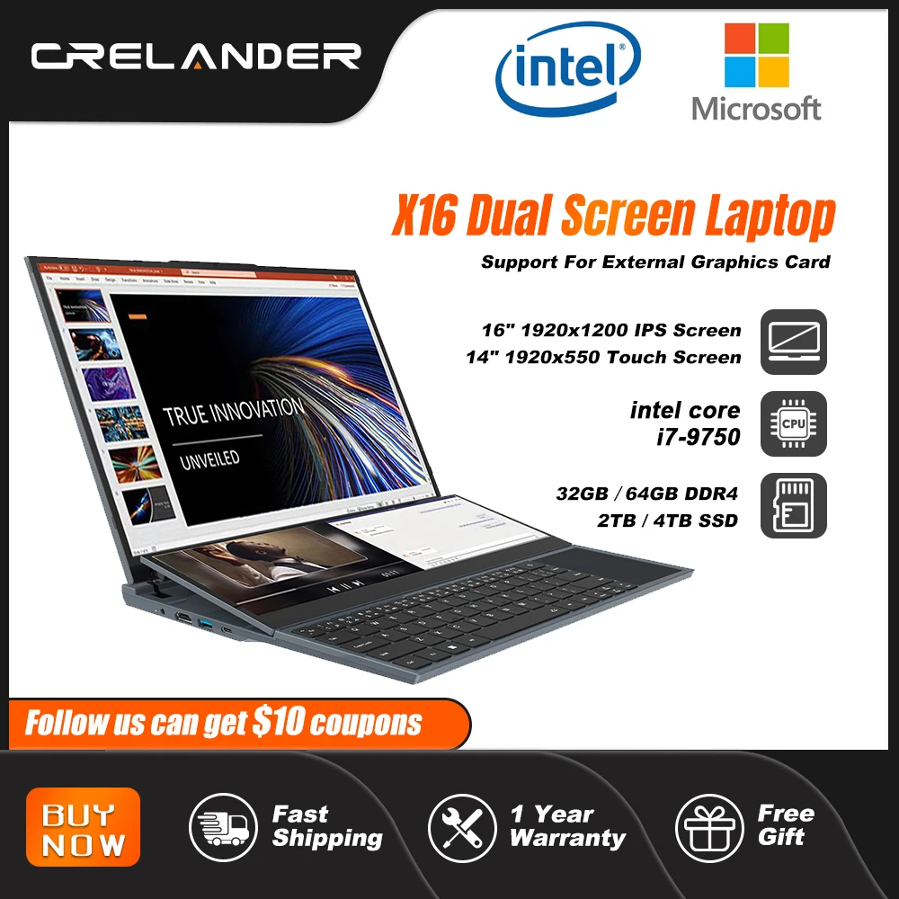 kf-S559abdb140b7405dbb4d0979dec8065eF CRELANDER X16 Double Screen Laptops 16 Inch + 14 Inch Touch Screen intel core i7-9750 Windows 11 Portable PC Notebook Computer - Image 1