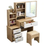 Dressing Table Set With Stool Wood Makeup Desk Vanity With Round Mirror Desk and Cushioned Stool Set