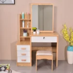 Dressing Table Set With Stool Wood Makeup Desk Vanity With Round Mirror Desk and Cushioned Stool Set - Image 2