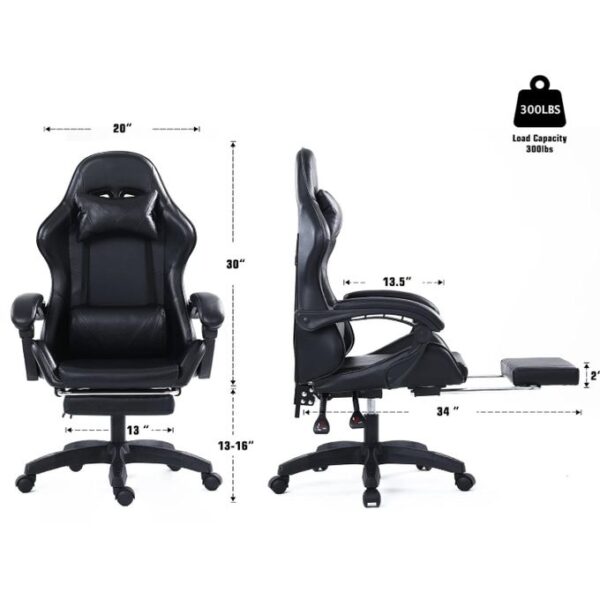 Leather Gaming Chair with Footrest - Black