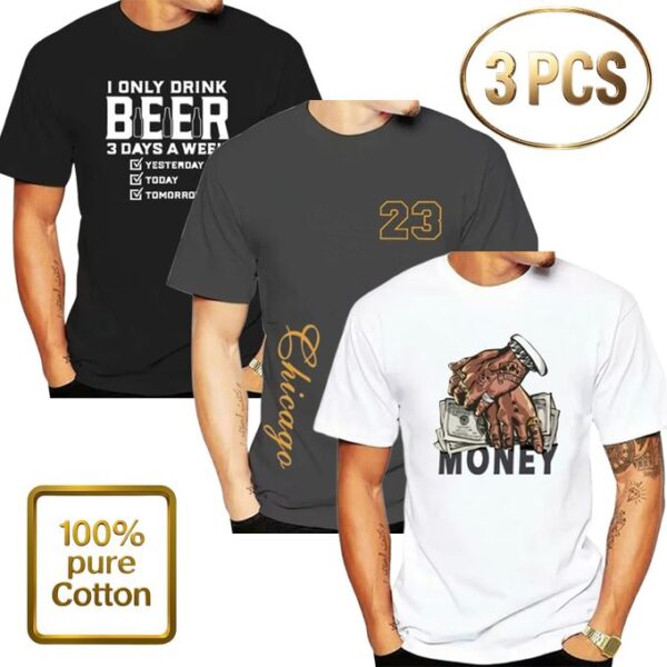 Men's Short Sleeve 100%Cotton T-Shirts - 3 Pieces - Multicolor