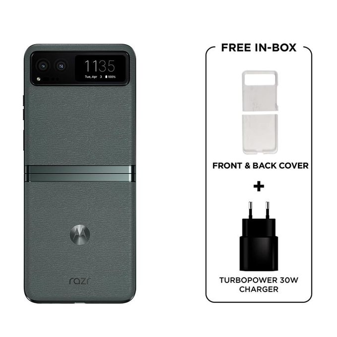 Motorola Razr 40 - 6.9 inches - 8GB RAM - 256GB HDD - 64MP rear/ 32MP front - 4200 mAh - Sage Green + Free Cover & Charger Motorola Razr 40 - 6.9 inches - 8GB RAM - 256GB HDD - 64MP rear/ 32MP front - 4200 mAh - Sage Green + Free Cover & Charger