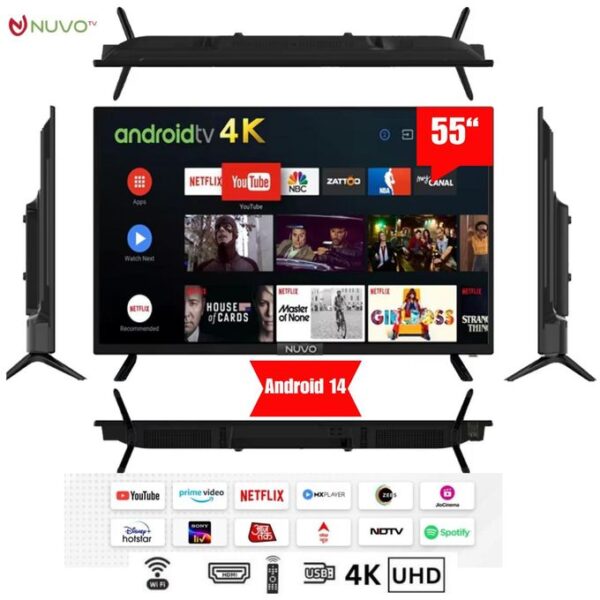 Nuvo 55'' Smart Android TV With Cast - HDMI/USB & Coax Ports + Free Wall mount - Black