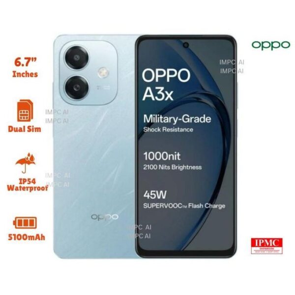 Oppo A3X Dual Sim - 6.67" HD+ Panda Glass - 8MP Camera Rear/ 5MP Front - 64GB ROM - 4GB RAM - 5100mAh - IP54 Dust & Water Resistant - Ocean Blue 36 Month Warranty + FREE headset