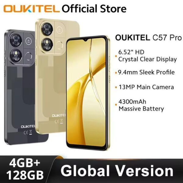 Oukitel C57 Pro Smartphone 6.52-Inch HD Display 4GB RAM 128GB ROM 13MP Camera 4300mAh GPS Android 14 Cellphone