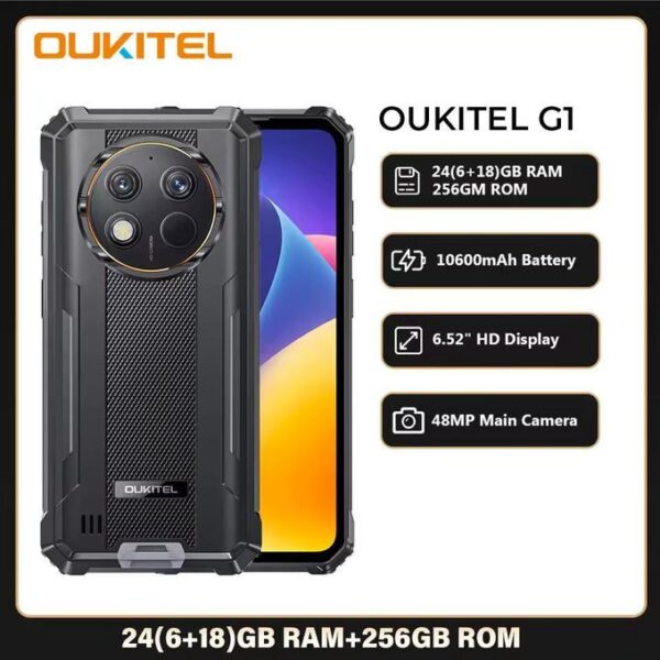 Oukitel G1 Rugged Smartphone Android 24GB (6+18)+256GB 10600mAh 6.52' HD Display NFC Rugged Phone