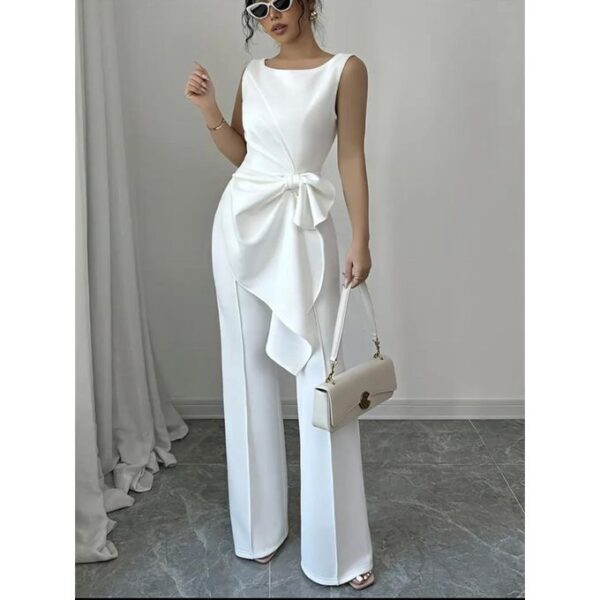SHEIN 2pcs Chic Sleeveless Top And Wide-Leg Pants Set, Elegant White Color,Fashion Outfit - White